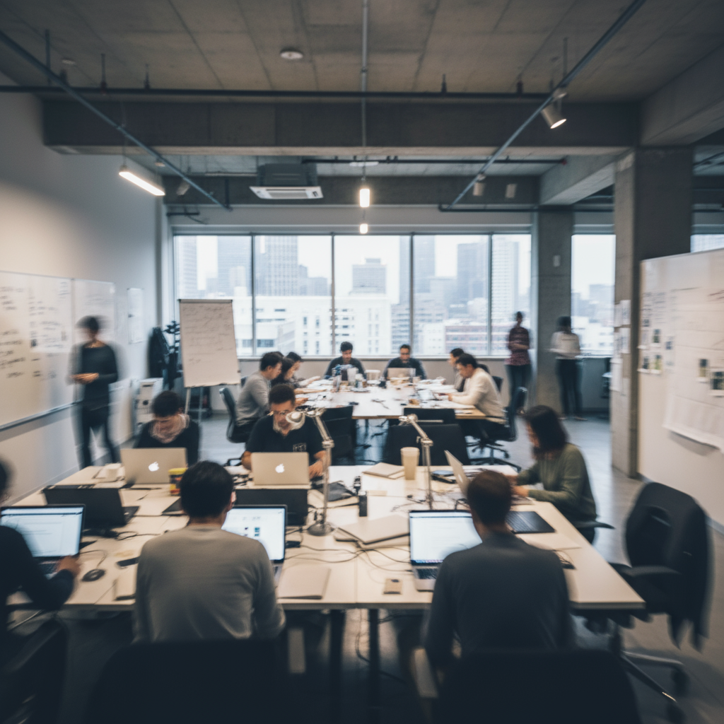Two women sitting at a modern table talking with a city view behind them.