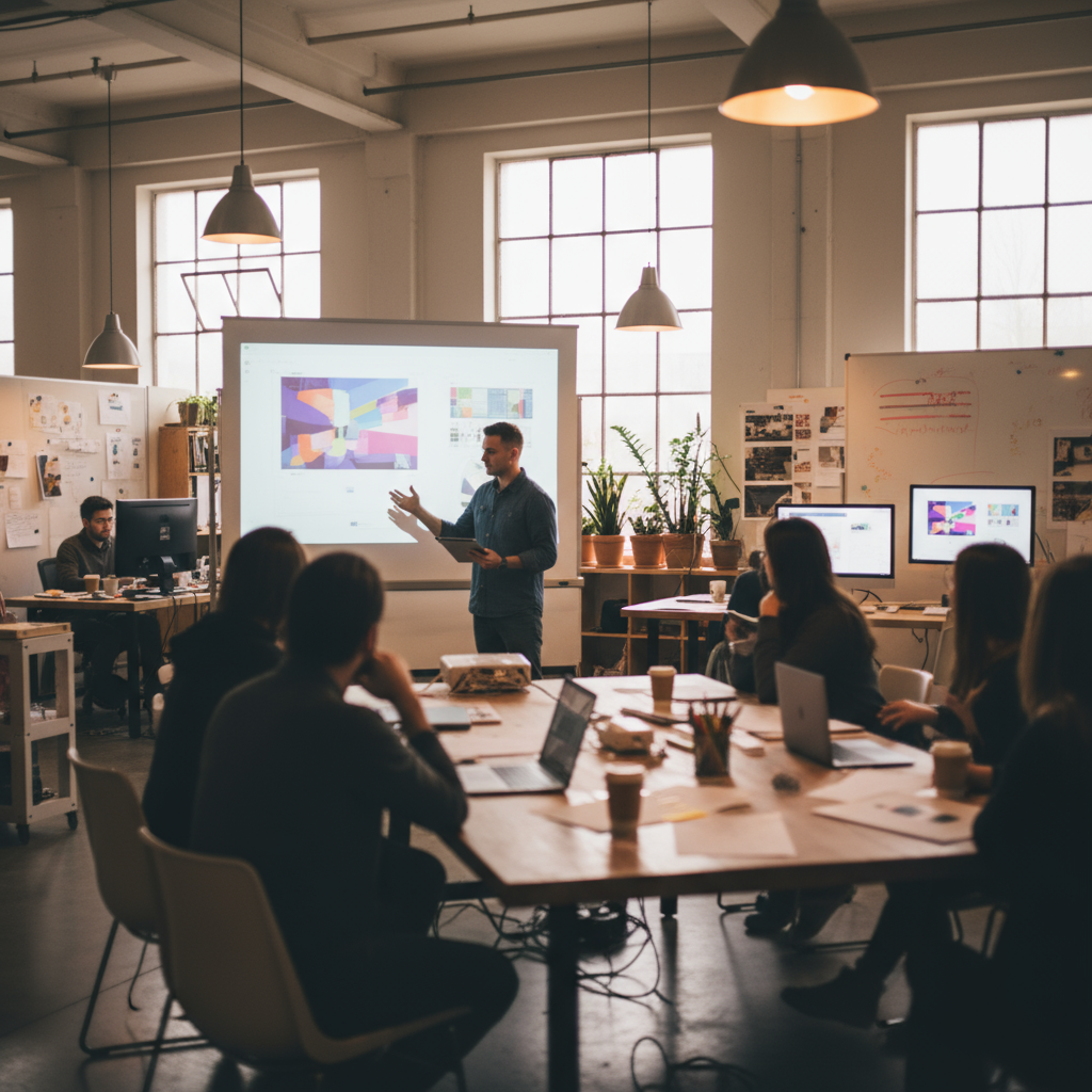 Photo of a study hall with wooden tables and chairs.